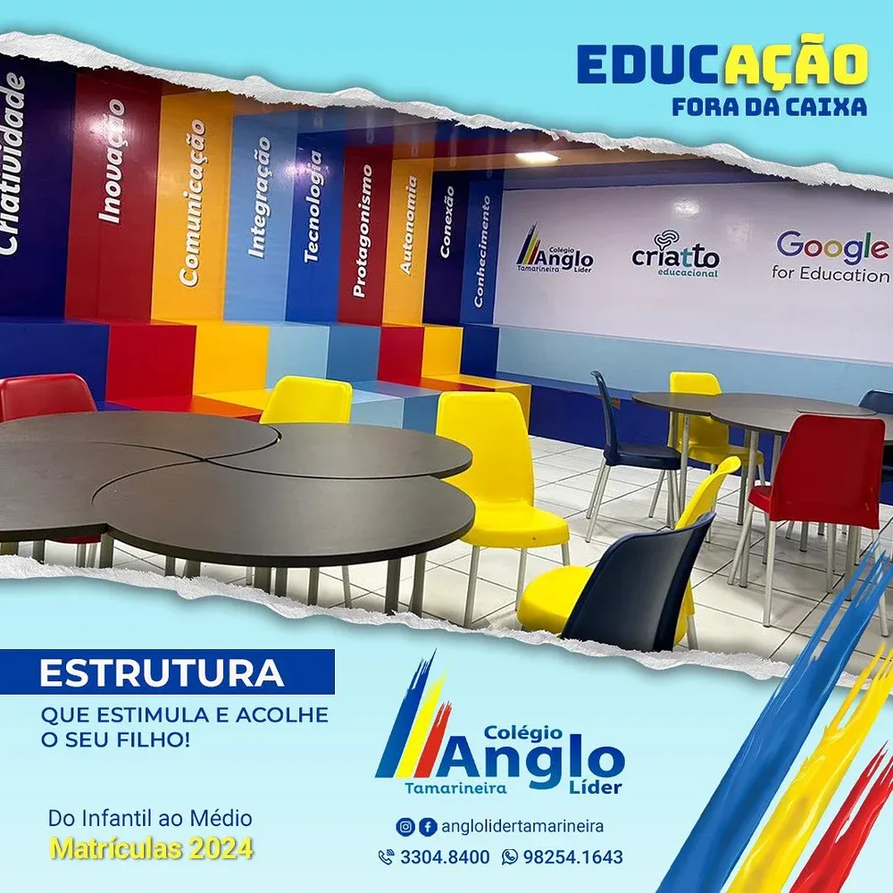 Espaço Criatto da escola, com mesas e cadeiras para colaboração